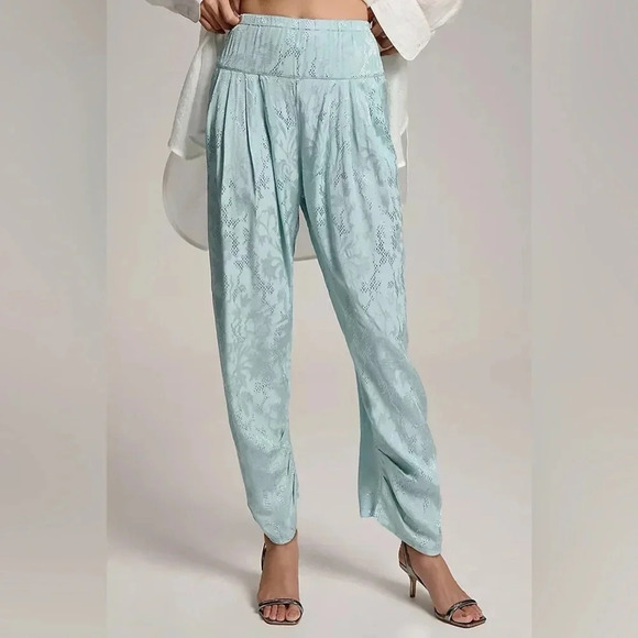 Anthropologie Pleated Harem Genie Pants Embroidered Toile Sky Size Small - Picture 1 of 14